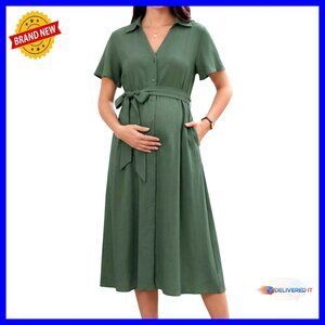 Maternity Dress V-Neck Button Down Tie Waist Midi Casual with Pockets